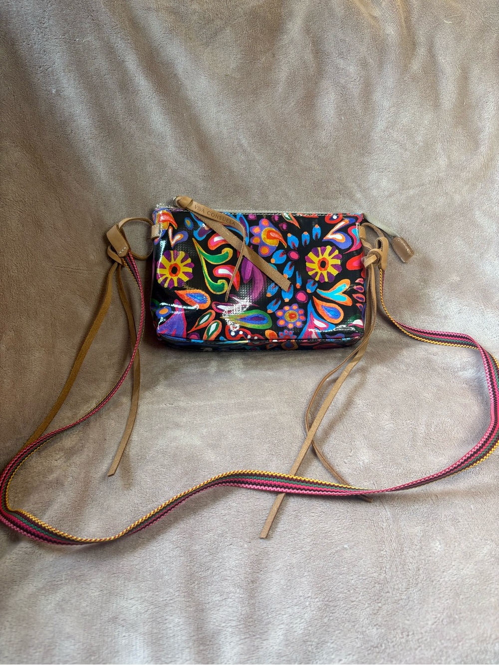 Consuela Viva Colorful Floral Crossbody Bag Woven Strap Leather Trim